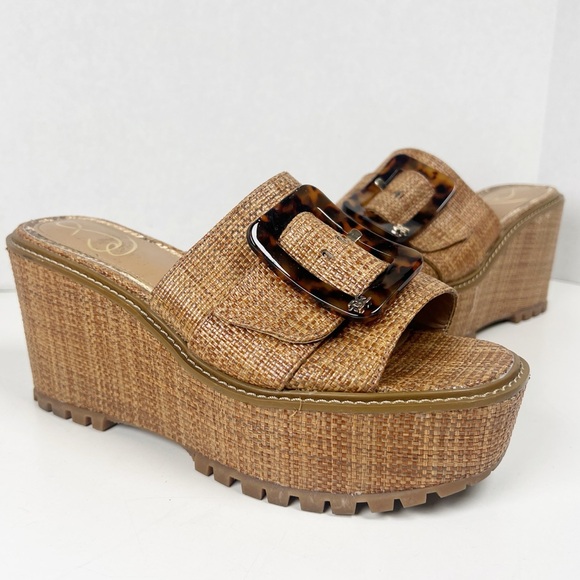 SAM EDELMAN Women Size 8.5M Cuoio Woven Livi Slide Platform Wedge Sandal Buckle - Picture 1 of 13